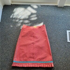 Lucinda Eden Custom Red Yellow Striped A-Line Skirt Turquoise Trim Pleated Hem